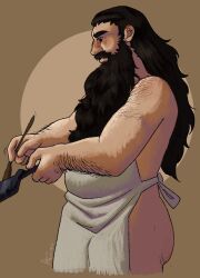 Rule 34 | 1boy, apron, ass, back hair, bara, beard, belly, cooking, cropped legs, dungeon meshi, dwarf, facial hair, fat, fat man, from side, frying pan, hairy, highres, holding, holding frying pan, hornymaruorion, long beard, male focus, mustache, naked apron, profile, senshi (dungeon meshi), solo, sparse ass hair, standing, thick arm hair, thick mustache, thighs, very long beard