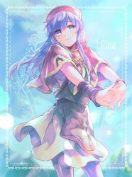 Rule 34 | 1girl, aruba, blue eyes, blue hair, bracelet, character name, closed mouth, dress, fire emblem, fire emblem: the binding blade, hat, interlocked fingers, jewelry, lilina (fire emblem), long hair, nintendo, own hands together, red hat, smile, solo
