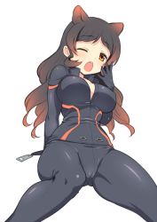 Rule 34 | 1girl, animal ears, arm behind back, arm support, biker clothes, bikesuit, black hair, bodysuit, breasts, brown eyes, cameltoe, covered erect nipples, crotch seam, extra ears, feet out of frame, gloves, hand up, hippopotamus (kemono friends), hippopotamus ears, impossible clothes, impossible jacket, jacket, kemono friends, leaning back, long hair, looking at viewer, mashima (sumachi), medium breasts, multicolored hair, one eye closed, open mouth, pants, parted bangs, red hair, sidelocks, simple background, sitting, solo, two-tone hair, white background, yawning, zipper pull tab