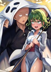 Rule 34 | 1boy, 1girl, absurdres, blush, breasts, fangs, green eyes, green hair, highres, japanese clothes, one-punch man, open mouth, rkrk12, saitama (one-punch man), short hair, small breasts, tatsumaki, thighs