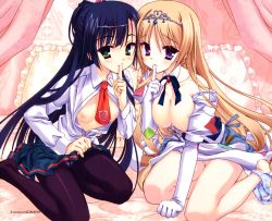 Rule 34 | 2girls, barefoot, black hair, blonde hair, breasts, clothes lift, finger to mouth, green eyes, highres, kobuichi, long hair, multiple girls, necktie, open clothes, open shirt, panties, panties around leg, pantyhose, purple eyes, shirt, skirt, skirt lift, source request, underwear, very long hair