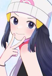 Rule 34 | 1girl, beanie, black hair, black shirt, blush, bracelet, closed mouth, commentary request, creatures (company), dawn (pokemon), eyelashes, from side, game freak, grey eyes, hair ornament, hairclip, hand up, hat, highres, jewelry, kana (kanna runa0620), long hair, looking at viewer, looking to the side, nintendo, pink scarf, pokemon, pokemon dppt, scarf, shirt, sidelocks, sleeveless, sleeveless shirt, smile, solo, upper body, w, white hat