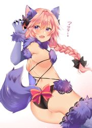 Rule 34 | 1boy, androgynous, animal ears, ashino, ass, astolfo (fate), black bow, blush, bow, braid, cosplay, elbow gloves, eyes visible through hair, fang, fate/apocrypha, fate/grand order, fate (series), from behind, fur trim, gloves, hair between eyes, hair intakes, hair ribbon, halloween costume, highres, legs together, long hair, looking at viewer, looking back, lying, male focus, mash kyrielight, mash kyrielight (dangerous beast), mash kyrielight (dangerous beast) (cosplay), multicolored hair, official alternate costume, on side, open mouth, pink hair, purple eyes, ribbon, shiny skin, simple background, single braid, solo, tail, thighhighs, trap, white background, wolf ears, wolf tail