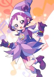 Rule 34 | 1girl, absurdres, bead bracelet, beads, blush, body blush, boots, bracelet, commentary request, dress, earrings, eyelashes, gloves, hat, highres, jewelry, looking at viewer, musical note, musical note background, no socks, ojamajo doremi, open mouth, pon yui, purple dress, purple eyes, purple footwear, purple gloves, purple hair, purple hat, segawa onpu, short hair, smile, solo