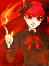Rule 34 | 1girl, animal ears, astatine, braid, cat ears, cat girl, extra ears, fangs, female focus, fire, fire, kaenbyou rin, long hair, pointing, red eyes, red hair, red theme, ribbon, slit pupils, smirk, solo, touhou, twin braids