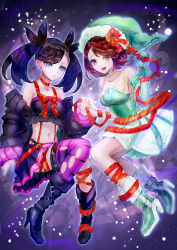 Rule 34 | 2girls, asymmetrical bangs, black hair, blue eyes, bob cut, boots, bow, brown eyes, brown hair, christmas, collarbone, commentary request, creatures (company), detached sleeves, earrings, eyelashes, game freak, gloria (pokemon), gloves, green footwear, green gloves, green headwear, hair ribbon, hat, highres, holding hands, jewelry, looking at viewer, marnie (pokemon), midriff, multiple girls, navel, nintendo, open mouth, orange bow, orange ribbon, pleated skirt, pokemon, pokemon swsh, purple legwear, red ribbon, ribbon, santa hat, short hair, skirt, smile, thighhighs, torn clothes, torn legwear, tsukigime (fool ehle)