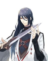 Rule 34 | 1boy, azoth knife, bishounen, black hair, bridal gauntlets, brown eyes, fate/prototype, fate/prototype: fragments of blue and silver, fate (series), hair between eyes, long hair, male focus, paracelsus (fate), smile, solo, wide sleeves, yepnean