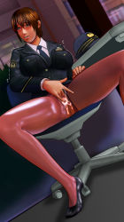 Rule 34 | blush, bowler hat, breasts, brown eyes, brown hair, chair, clothing aside, embarrassed, fingering, glasses, hat, high heels, highres, lipstick, makeup, masturbation, necktie, office chair, open mouth, panties, panties aside, pantyhose, police, police uniform, pussy juice, short hair, sitting, skirt, spread legs, swivel chair, torn clothes, torn legwear, trembling, underwear, uniform