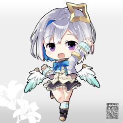 Rule 34 | 1girl, :d, absurdres, amane kanata, arm up, black footwear, black skirt, blue bow, blue hair, blue socks, blue wings, bow, chibi, commentary request, cropped jacket, feathered wings, frilled skirt, frilled sleeves, frills, full body, gradient background, grey background, grey hair, grey jacket, highres, hololive, jacket, long sleeves, looking at viewer, low wings, multicolored hair, open clothes, open jacket, open mouth, plaid, plaid legwear, plaid socks, purple eyes, qr code, shirt, single hair intake, skirt, smile, socks, solo, standing, standing on one leg, twitter username, two-tone hair, virtual youtuber, white shirt, white wings, wings, yamaguchi shinnosuke