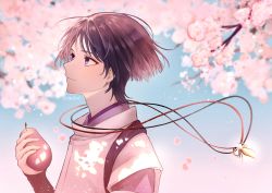Rule 34 | 1boy, absurdres, arm armor, artist name, black bow, blue sky, blurry, blurry background, bow, branch, cherry blossoms, closed mouth, commentary request, detached sleeves, fingernails, flower, food, fruit, genshin impact, gradient sky, hair between eyes, hand up, highres, looking to the side, looking up, mandarin collar, oomisou, pear, petals, pink flower, pink sky, pink theme, pink vest, pom pom (clothes), purple eyes, purple hair, purple shirt, red bow, scaramouche (genshin impact), scaramouche (kabukimono) (genshin impact), shadow, shirt, short hair, short sleeves, sky, smile, solo, tree, vest, wide sleeves