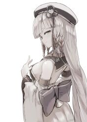 Rule 34 | 1girl, absurdres, armlet, back, backless dress, backless outfit, bare shoulders, beret, blunt bangs, braid, breasts, detached sleeves, dress, erune, eyeliner, granblue fantasy, greyscale, hat, highres, long hair, looking at viewer, looking back, makeup, monochrome, nosuku, pholia, short eyebrows, side braids, small breasts, smile, solo, thighs, very long hair, wide sleeves