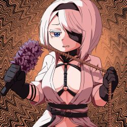 Rule 34 | 1girl, anger vein, belt, black belt, black gloves, black hairband, black survival, blue eyes, bondage outfit, breasts, brown background, chain, collared shirt, commentary request, eyepatch, gloves, hairband, highres, holding, holding chain, holding whip, kurodani yamame, looking at viewer, medium breasts, medium hair, navel, o-ring, o-ring top, open clothes, open shirt, rinyamame, shirt, sissela (black survival), solo, touhou, upper body, wavy background, white hair, white shirt