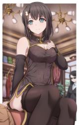 Rule 34 | 10s, 2girls, bang dream!, bare shoulders, black dress, black hair, black legwear, blazer, blue eyes, blurry, breasts, chandelier, china dress, chinese clothes, cleavage, closed mouth, covered navel, depth of field, detached sleeves, dress, earrings, embarrassed, formal, frown, hair ornament, hand on own chest, highres, indoors, jacket, jewelry, lace, lace-trimmed legwear, lace trim, long sleeves, looking away, medium breasts, multiple girls, narafume, office lady, okusawa misaki, pelvic curtain, shirt, short hair, sitting, suit, suits (bang dream!), sunglasses, sweat, taut clothes, taut dress, thighhighs, thighs, white shirt, window
