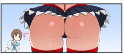 Rule 34 | 2girls, ass, ass focus, between thighs, black panties, blush, bob cut, brown eyes, brown hair, close-up, closed mouth, commentary, english commentary, english text, from behind, highres, kill la kill, lower body, mankanshoku mako, matoi ryuuko, microskirt, multiple girls, neckerchief, panties, pleated skirt, sailor collar, shiny skin, short hair, short sleeves, skindentation, skirt, smile, the only shoe, thigh gap, thighhighs, thighs, underwear