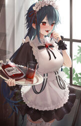 Rule 34 | 1girl, absurdres, alternate costume, apron, bianca (black survival), black survival, blood, blood bag, blood on clothes, blood on face, blue hair, breasts, commentary, cowboy shot, cup, drinking glass, enmaided, fangs, highres, long hair, maid, maid apron, maid headdress, medium breasts, open mouth, red eyes, solo, takealook, thighhighs, tray, zettai ryouiki