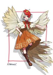 Rule 34 | 1girl, :d, animal, animal on head, artist name, bird, blush, boots, brown footwear, chick, commentary request, dress, drop shadow, feathered wings, full body, grey wings, hand on own hip, head tilt, highres, looking at viewer, multicolored hair, namauni, neck ribbon, niwatari kutaka, on head, open mouth, orange dress, red eyes, red hair, red ribbon, ribbon, shirt, short hair, signature, silver hair, smile, solo, touhou, two-tone hair, white background, white shirt, wings