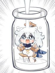 Rule 34 | 1girl, absurdres, blue cape, blue eyes, blue scarf, blush, cape, commentary request, commission, crying, crying with eyes open, cumjar (meme), dress, drooling, floating, genshin impact, hair between eyes, hair ornament, halo, highres, in container, in jar, itoshatyo, long hair, long sleeves, meme, milk, open mouth, paimon (genshin impact), pouring, pouring onto another, scarf, sexually suggestive, short dress, single thighhigh, skeb commission, solo, suggestive fluid, tears, thighhighs, wavy mouth, white dress, white hair, white thighhighs