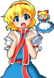 Rule 34 | 1girl, alice margatroid, belt, blonde hair, blue dress, blue eyes, clenched hands, doll, dress, female focus, flying, looking at viewer, manji taba, necktie, red necktie, simple background, size difference, solo, touhou, white background