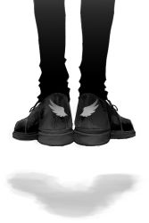 Rule 34 | ankle wings, character request, floating, greyscale, highres, kanae (nijisanji), maki keigo, monochrome, nijisanji, out of frame, pants, pants tucked in, shadow, shoes, simple background, solo, virtual youtuber, wing print, wings