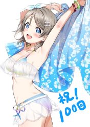 Rule 34 | 1girl, bikini, blue eyes, breasts, cleavage, hair between eyes, hair ornament, hair ribbon, hairclip, looking at viewer, love live!, love live! school idol festival, love live! sunshine!!, ribbon, sankuro (agoitei), simple background, solo, swimsuit, watanabe you, white background