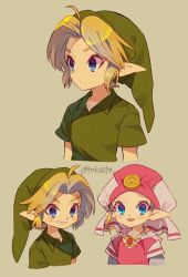 Rule 34 | 1boy, 1girl, ahoge, artist name, blonde hair, blue eyes, closed mouth, collared shirt, commentary request, eyelashes, green headwear, green shirt, grey background, hat, highres, jewelry, link, looking at viewer, multiple views, nintendo, open mouth, pointy ears, princess zelda, shirt, short sleeves, sidelocks, smile, teeth, the legend of zelda, the legend of zelda: ocarina of time, tokuura, triforce, twitter username, watermark, young link, young zelda