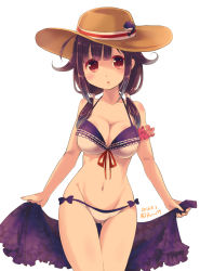 Rule 34 | 10s, 1girl, ahoge, aikawa ruru, arm strap, bare arms, bare shoulders, bikini, blush, breasts, cleavage, collarbone, colored eyelashes, cowboy shot, front-tie top, gluteal fold, hair flaps, halterneck, halterneck, hat, highres, kantai collection, large breasts, leaf print, long hair, looking at viewer, low twintails, navel, open mouth, purple hair, red eyes, revision, short hair, side-tie bikini bottom, solo, standing, stomach, straw hat, sun hat, swimsuit, taigei (kancolle), thigh gap, thighs, twintails