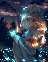 Rule 34 | 1girl, blue dress, blurry, bug, butterfly, depth of field, dress, evening, forest, from side, hat, hitodama, bug, japanese clothes, long sleeves, looking at viewer, mob cap, nagare, nature, night, night sky, obi, open mouth, pink eyes, pink hair, puffy long sleeves, puffy sleeves, saigyouji yuyuko, sash, short hair, sky, solo, touhou, tree, triangular headpiece, veil, wide sleeves
