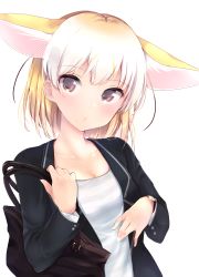 Rule 34 | 1girl, absurdres, animal ear fluff, animal ears, bag, black jacket, blazer, blonde hair, bob cut, brown eyes, carrying, casual, closed eyes, commentary, fennec (kemono friends), fox ears, handbag, highres, jacket, jewelry, kemono friends, kinou no shika, long sleeves, looking at viewer, nail polish, necklace, shirt, short hair, simple background, solo, striped clothes, striped shirt, tilted headwear, upper body, watch, white background, white nails, white shirt, wristwatch