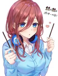 Rule 34 | 1girl, :o, blue headphones, blue sweater, blush, breasts, brown hair, commentary request, food, go-toubun no hanayome, hair between eyes, hair over breasts, hands up, headphones, headphones around neck, heart, highres, holding, holding food, holding pocky, long hair, nakano miku, parted lips, parum39, pocky, red hair, shirt, simple background, solo, sweater, translation request, upper body, white background, white shirt, wing collar
