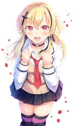 Rule 34 | 10s, 1girl, :d, black choker, black hair, black skirt, blonde hair, blush, choker, collarbone, collared shirt, commentary request, cross, cross earrings, earrings, hair between eyes, hair ornament, highres, jewelry, kishuku gakkou no juliet, leaning forward, long sleeves, miniskirt, multicolored hair, nagare yoshimi, necktie, open mouth, over-kneehighs, petals, pleated skirt, red eyes, red necktie, shirt, simple background, skirt, smile, solo, somali longhaired, streaked hair, striped clothes, striped thighhighs, sweater vest, teeth, thighhighs, two side up, upper teeth only, white background, white shirt