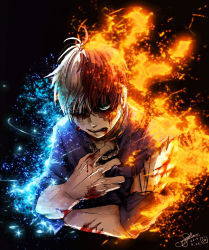 Rule 34 | 1boy, artist name, aya shiro423, black background, blood, blood in mouth, blood on arm, blood on hands, blue eyes, boku no hero academia, burn scar, cuts, dated, fire, heterochromia, ice, injury, looking at viewer, male focus, multicolored hair, red hair, scar, scar on face, short hair, snowflakes, todoroki shouto, two-tone hair, u.a. gym uniform, upper body, white hair