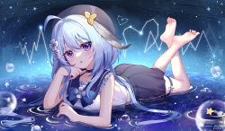 Rule 34 | 1girl, barefoot, beret, black choker, black hat, black skirt, blue hair, choker, feet, full body, gou lianlian dogface, griseo, griseo (starry impression), hat, honkai (series), honkai impact 3rd, looking at viewer, lying, night, night sky, on stomach, open mouth, purple eyes, sailor, shirt, skirt, sky, sleeveless, sleeveless shirt, soles, solo, star (sky), starry sky, the pose, toes, water, white shirt