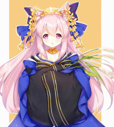 Rule 34 | 1girl, :o, animal ears, azur lane, blue bow, blue kimono, blush, bow, cat ears, chestnut mouth, commentary request, cosplay, flower, hair between eyes, hair bow, hair flower, hair ornament, japanese clothes, kimono, kisaragi (azur lane), long hair, long sleeves, looking at viewer, official alternate costume, outline, oversized clothes, own hands together, parted lips, pink hair, purple eyes, sleeves past fingers, sleeves past wrists, solo, tamamo no mae (fate/extra), tamamo no mae (fate/extra) (cosplay), tamamo no mae (third ascension) (fate), tengxiang lingnai, very long hair, white outline, wide sleeves, yellow flower
