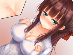 Rule 34 | 10s, 1girl, blue eyes, blush, breasts, brown hair, cleavage, close-up, large breasts, long hair, mole, mole on breast, navel, new game!, ribbon, solo, takimoto hifumi
