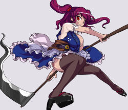 Rule 34 | 1girl, alphes, black thighhighs, breasts, bursting breasts, coin, female focus, hair bobbles, hair ornament, large breasts, looking at viewer, onozuka komachi, red eyes, red hair, scythe, skirt, smile, solo, thighhighs, touhou, twintails, two side up