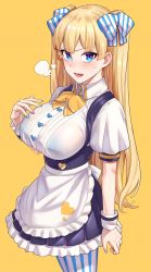 Rule 34 | 1girl, apron, blonde hair, blue eyes, blue nails, bow, bra visible through clothes, breasts, buttons, commentary, hair bow, heart button, highres, large breasts, lina (michihasu), long hair, looking at viewer, michihasu, multicolored eyes, nail polish, original, pantyhose, puffy short sleeves, puffy sleeves, purple eyes, see-through, short sleeves, simple background, solo, standing, striped bow, striped clothes, striped pantyhose, symbol-only commentary, twintails, two side up, vertical-striped bow, vertical-striped clothes, vertical-striped pantyhose, waist apron, wet, wet clothes, white apron, wrist cuffs, yellow background