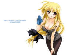 Rule 34 | 00s, 1girl, 2008, blonde hair, blush, breasts, casual, cleavage, fate testarossa, highres, kanna (plum), long hair, low-tied long hair, lyrical nanoha, mahou shoujo lyrical nanoha, mahou shoujo lyrical nanoha strikers, red eyes, solo, very long hair, wallpaper