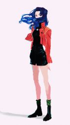 Rule 34 | 1girl, bare legs, black dress, black footwear, blue hair, boots, brown eyes, commentary, covered mouth, cropped jacket, cross, cross necklace, dress, floating hair, full body, greek cross, hair over mouth, highres, jacket, jewelry, katsuragi misato, long hair, long sleeves, looking at viewer, necklace, neon genesis evangelion, red jacket, short dress, simple background, solo, white background, yanqiao