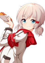 Rule 34 | 1girl, ame., armband, azur lane, blue eyes, blush, commentary request, denver (azur lane), dutch angle, food, from side, grey hair, grin, hair ornament, hair tubes, highres, holding, holding food, hood, hood down, hot dog, jacket, long sleeves, looking at viewer, looking to the side, low twintails, short twintails, sidelocks, simple background, smile, solo, twintails, white background, white jacket