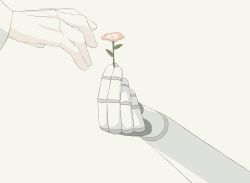 Rule 34 | 2others, absurdres, avogado6, close-up, commentary, english commentary, flower, hand focus, highres, holding, holding flower, mechanical hands, multiple others, open hand, original, reaching, simple background, single mechanical hand, white background