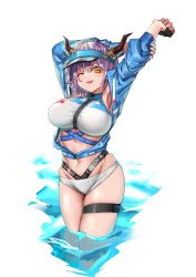 Rule 34 | 1girl, ;d, absurdres, animal ears, arknights, armpits, arms up, bikini, black gloves, blue jacket, blush, breasts, brown eyes, chinese commentary, commentary request, cow ears, cow girl, cow horns, cowboy shot, fingerless gloves, gloves, groin, hair between eyes, highres, horns, jacket, jsiwji, large breasts, long sleeves, looking at viewer, midriff, navel, official alternate costume, one eye closed, open mouth, partially unzipped, purple hair, short hair, sidelocks, sideroca (arknights), sideroca (light breeze) (arknights), simple background, skindentation, smile, solo, standing, stretching, swimsuit, thigh strap, transparent background, visor, visor cap, wading, water, white bikini