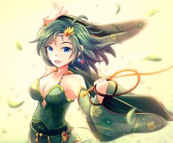 Rule 34 | 1girl, absurdres, arm up, armpit crease, bare shoulders, blue eyes, breasts, cape, cleavage, detached sleeves, earrings, falling leaves, final fantasy, final fantasy iv, floating hair, floral print, green cape, green hair, green leotard, hair ornament, highres, holding, holding whip, jewelry, leaf, leotard, looking at viewer, medium breasts, medium hair, open mouth, rydia (ff4), ryo-suzuki, simple background, smile, solo, whip