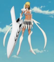 Rule 34 | armor, arrancar, bleach, blonde hair, breasts, hollow (bleach), large breasts, miniskirt, number tattoo, resurreccion, screencap, skirt, solo, spoilers, stitched, sword, tattoo, third-party edit, tier harribel, weapon