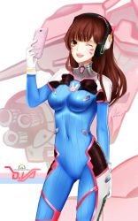 Rule 34 | 1girl, ;d, bodysuit, breasts, brown eyes, brown hair, cellphone, character name, chu (huaha1320), copyright name, covered navel, cowboy shot, d.va (overwatch), facial mark, gloves, headphones, highres, long hair, looking at viewer, mecha, medium breasts, meka (overwatch), one eye closed, open mouth, overwatch, overwatch 1, phone, pilot suit, robot, selfie, smartphone, smile, solo, swept bangs, whisker markings, white background, white gloves