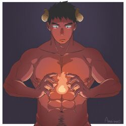 Rule 34 | 1boy, :/, abs, amaimao, bara, colored skin, completely nude, cowboy shot, demon boy, demon horns, fire, hands up, highres, horns, large pectorals, male focus, muscular, muscular male, navel, navel hair, nipples, nude, original, pectorals, pyrokinesis, red skin, short hair, solo, thick eyebrows, upper body
