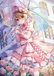 Rule 34 | 1girl, brown hair, dress, flower, frilled dress, frilled hairband, frills, full body, hair between eyes, hairband, highres, holding, holding umbrella, juliet sleeves, long hair, long sleeves, looking at viewer, open mouth, original, outdoors, pink dress, pink eyes, pink flower, pink rose, pink theme, pudding (skymint 028), puffy sleeves, rose, solo, standing, transparent, transparent umbrella, umbrella