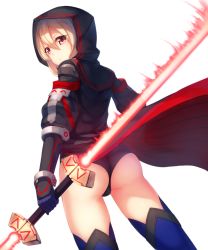 Rule 34 | 1girl, arm guards, artoria pendragon (fate), ass, black panties, blonde hair, blue thighhighs, closed mouth, crossover, double-blade, energy sword, fate/grand order, fate (series), from behind, hair between eyes, holding, holding sword, holding weapon, hood, hood up, hooded coat, lightsaber, looking at viewer, looking back, munuu, mysterious heroine x alter (fate), mysterious heroine x alter (third ascension) (fate), panties, red eyes, shaded face, simple background, solo, star wars, sword, thighhighs, thighs, underwear, weapon, wedgie, white background