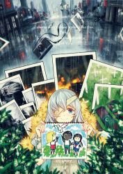 Rule 34 | 2girls, bad id, bad pixiv id, bandages, blue eyes, camera, crying, crying with eyes open, drawing (object), english text, flower, heiwari kanade, highres, holding, long hair, looking at viewer, multiple girls, original, photo (object), rain, silver hair, smile, streaming tears, tears