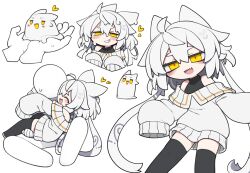 Rule 34 | 1girl, 1other, :d, ^ ^, alternate hair length, alternate hairstyle, animal ears, bare shoulders, black shirt, black thighhighs, blush stickers, carrying, closed eyes, commentary request, creature, cropped torso, dorodra (kisaragi kaya), fang, grin, hair between eyes, hands up, happy, heart, holding, holding creature, jitome, kisaragi kaya, long sleeves, looking at viewer, multiple views, off-shoulder sweater, off shoulder, open mouth, original, princess carry, shirt, short hair with long locks, simple background, sitting, skin fang, sleeveless, sleeveless shirt, sleeveless turtleneck, sleeves past fingers, sleeves past wrists, slime (creature), slime (substance), smile, smug, sweater, thighhighs, turtleneck, white background, white hair, white sweater, yellow eyes