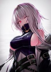 Rule 34 | 1girl, arm strap, azur lane, belt, belt buckle, belt collar, black skirt, blue hairband, breasts, buckle, coat, collar, colorado (azur lane), detached sleeves, dress, expressionless, hair over one eye, hairband, highres, jacket, large breasts, long hair, looking at viewer, medium breasts, multiple straps, off shoulder, pelvic curtain, red eyes, sideboob, sidelocks, skindentation, skirt, sleeveless, sleeveless dress, solo, west 24, white hair, wide sleeves